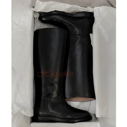 Genuine Leather Casual Boots Round Toe Chunky Med Heels Solid Slip On Trouser Boots Knee High Autumn Women Sexy Luxury Shoes