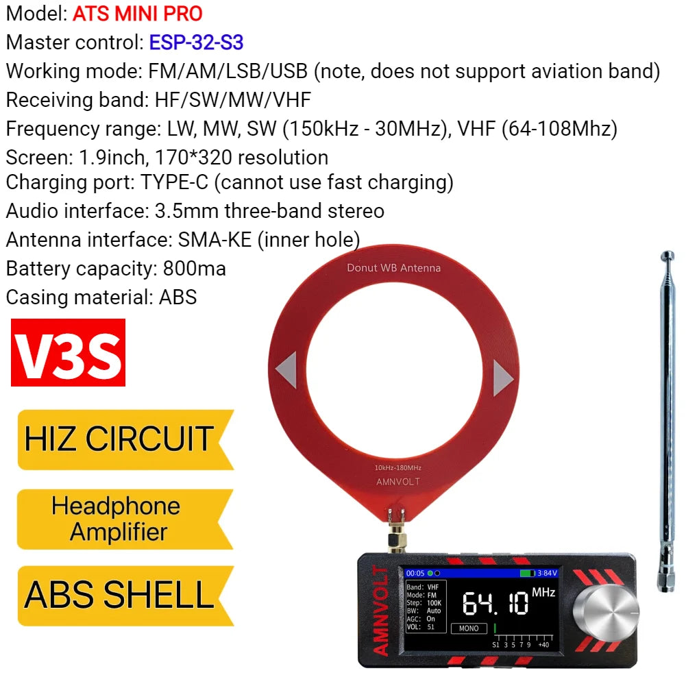 Upgraded V3S AMNVOLT Mini SI4732 DSP Radio Receiver FM AM SSB LSB USB Full Band Pocket Radio with Hi-Z Headphone Amplifier