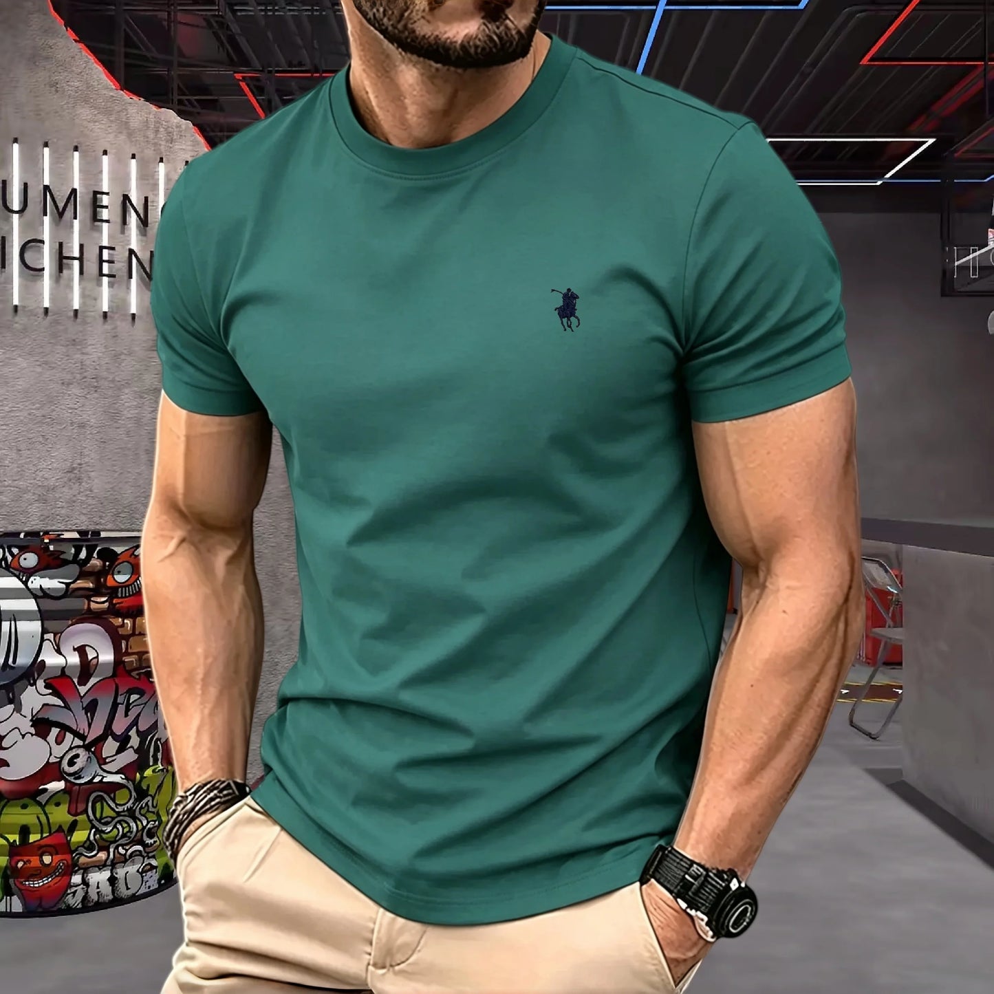 100% pure cotton 2026 high-end brand men's short sleeved round neck top summer fashion luxury pony embroidery top sports T-shirt