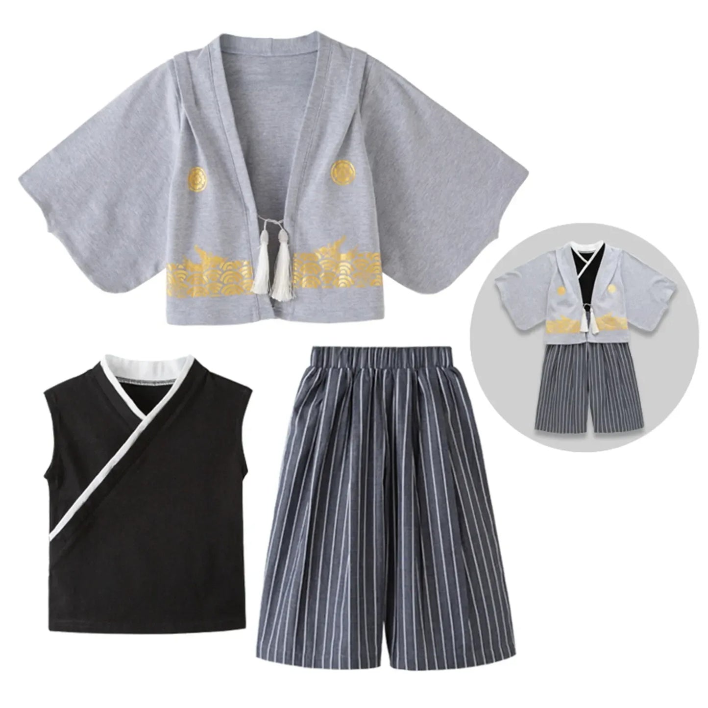 Boys' Kimono Set Traditional Jinbei Kimono For Weddings Graduations Cherry And Autumn Festivals Boys Winter Outfit