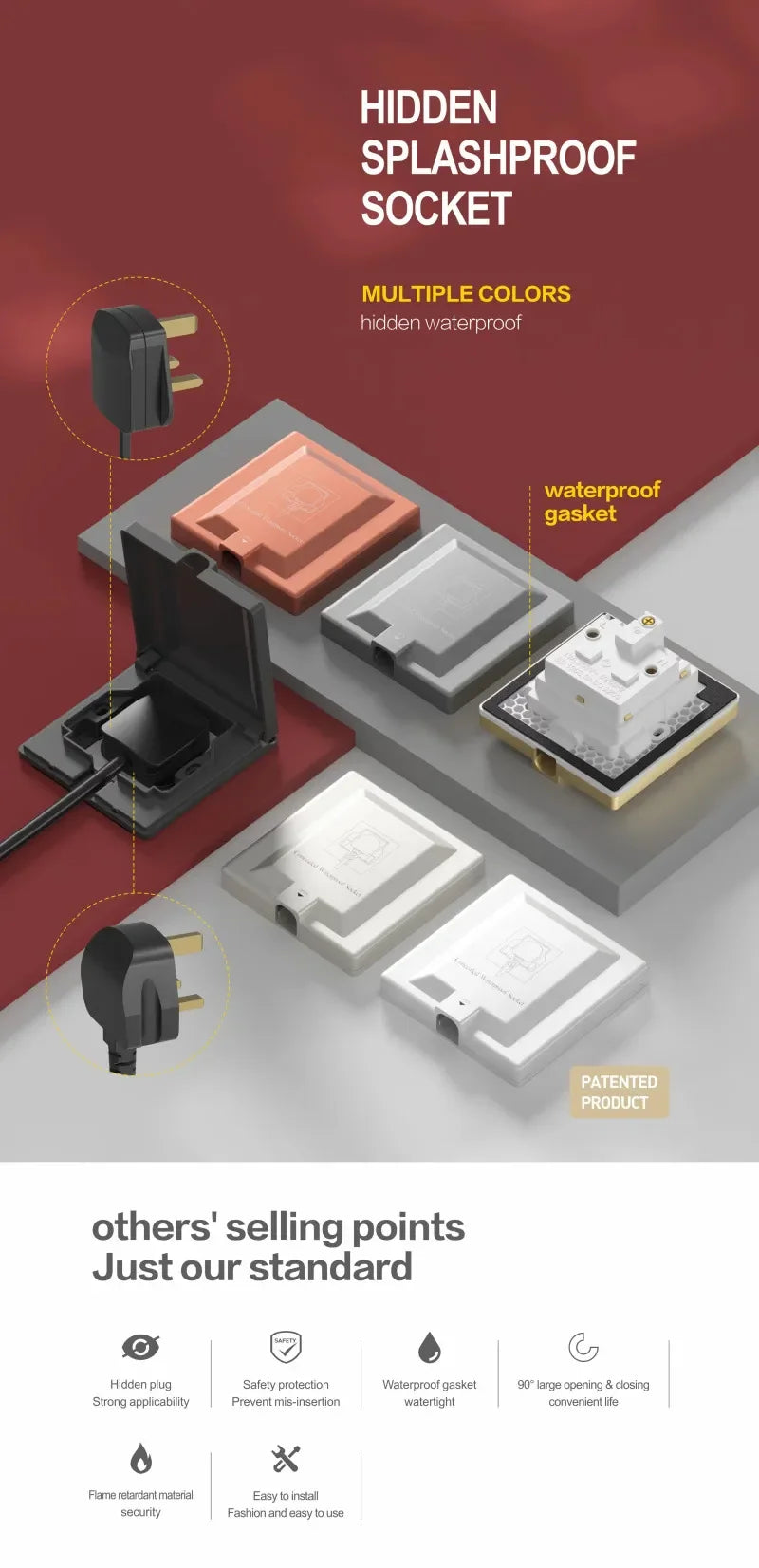 UK Plug 13A Recessed Bathroom Socket Panel with Hidden Waterproof Plug and Built-in Type 86 Kitchen Invisible 220V Socket