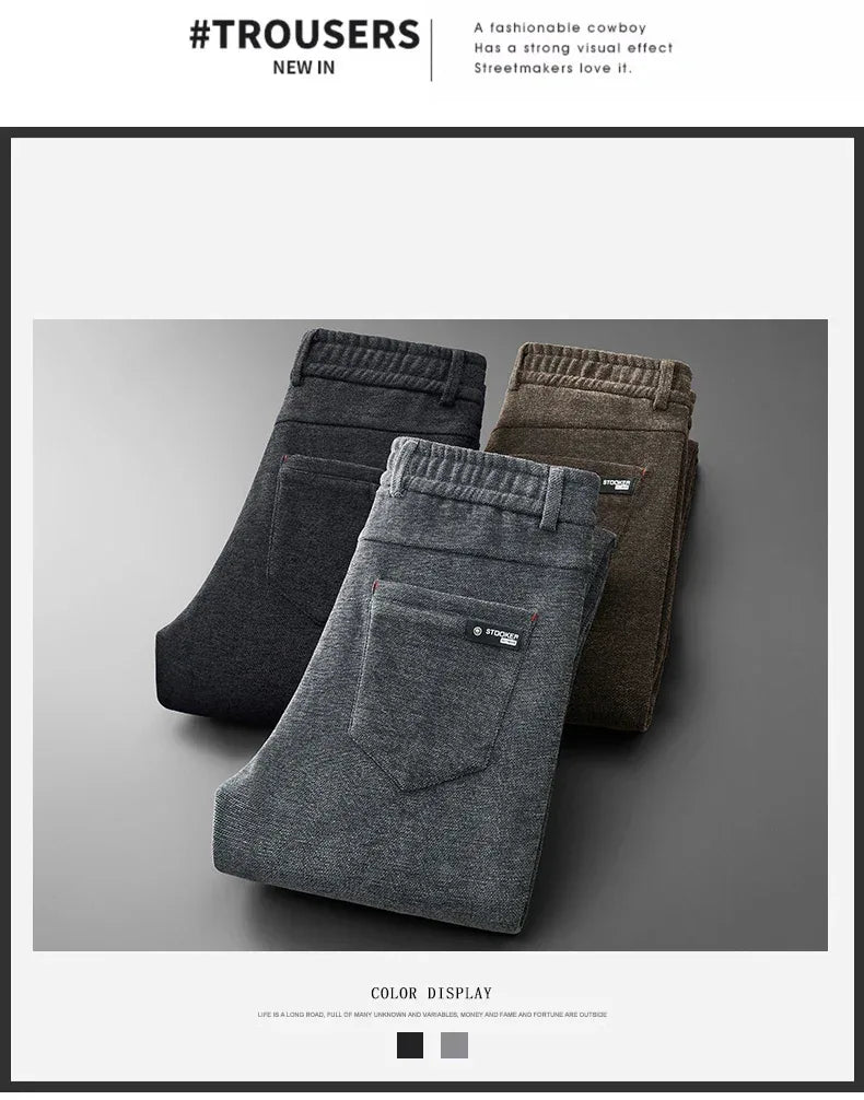 Casual Pants Men Winter New Fleece Business Elastic Waist Slim Korean Warm Thick Brushed Plush Trousers Male 28-38