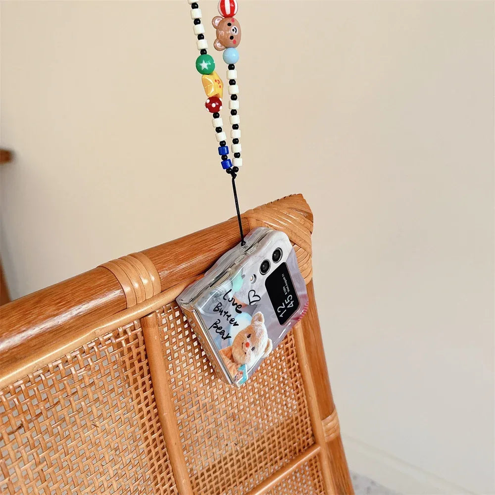 Cartoon Cute Bear Wave Border Phone Case for Samsung Galaxy Z Flip 5 4 3 Zflip5 Flip3 ZFlip4 Star Bracelet Shockproof Lens Cover