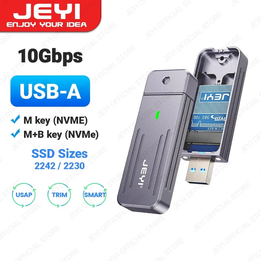JEYI M.2 NVMe(USB 3.2 10Gbps)Direct-attach  Enclosure,USB-A Plug In-line Aluminum 2242 2280 SSD Case With Magnet Protective Case