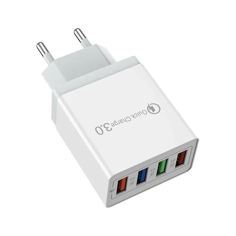 Fast 4 USB Charger Quick Charge 3.1A QC 3.0 For Xiaomi iPhone 14 13 Samsung Tablet Mobile EU Plug Fast Charging Charger Adapter