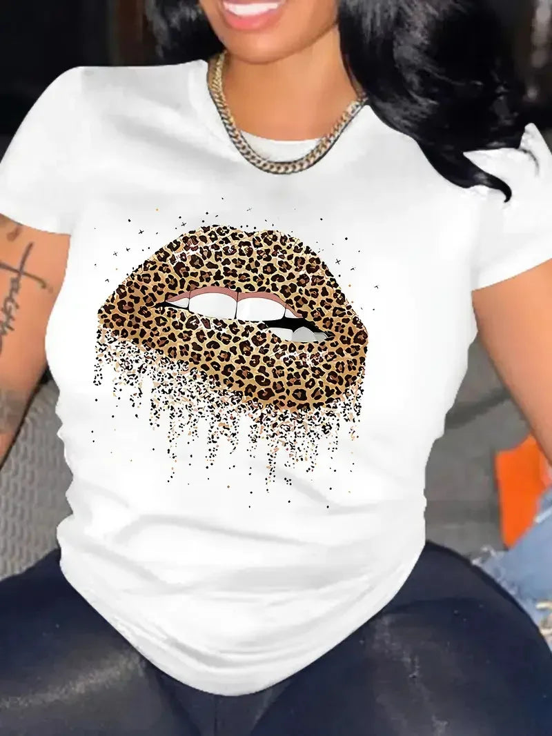 Leopard Lips Graphic Tee Shirt, Valentine's Day Crew Neck Short Sleeve Casual Everyday Tops, Women's Clothing