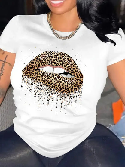 Leopard Lips Graphic Tee Shirt, Valentine's Day Crew Neck Short Sleeve Casual Everyday Tops, Women's Clothing