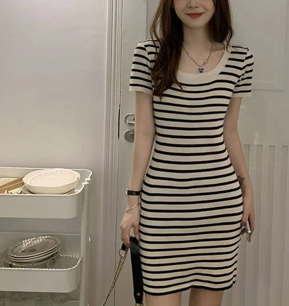 Fashion Striped Knitted Mini Dress Summer Korean Square Collar Waist Women's Clothing Slim Bag Hip Casual Short Sleeve Dresses