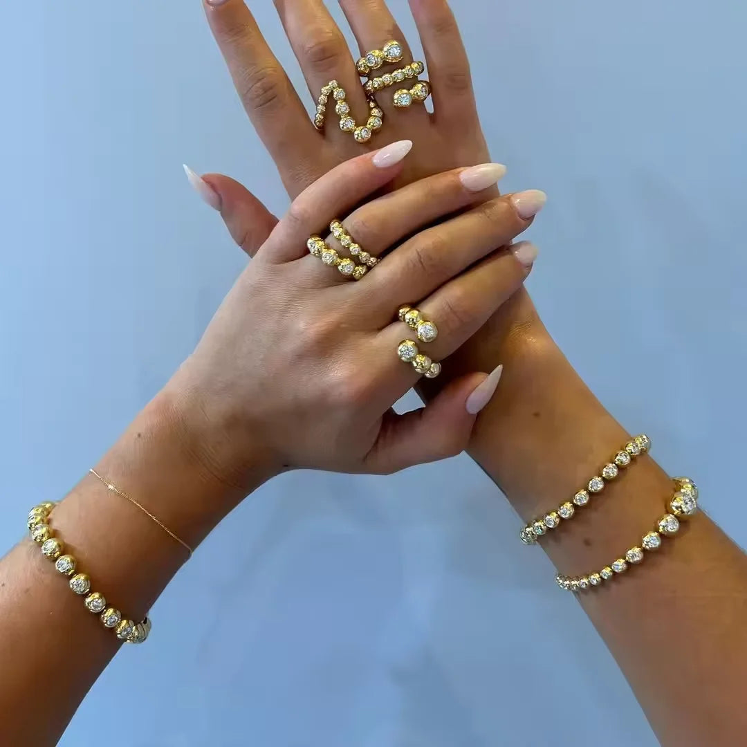 New Arried Geometric Fashion Women Jewelry Set Gold Color Round Ball Bezel Set CZ Bracelet Bangle Rings