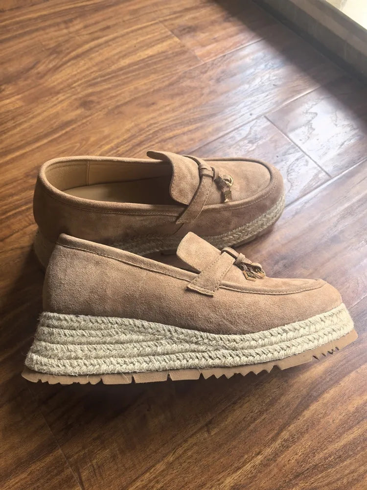 MKKHOU Fashion Loafers New High Quality Real Leather Suede Vintage Straw Braid Platform Shoes Daily Casual Light Shoes Neutral