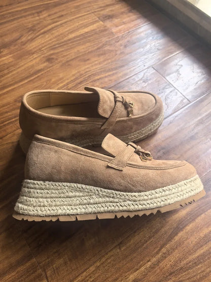 MKKHOU Fashion Loafers New High Quality Real Leather Suede Vintage Straw Braid Platform Shoes Daily Casual Light Shoes Neutral