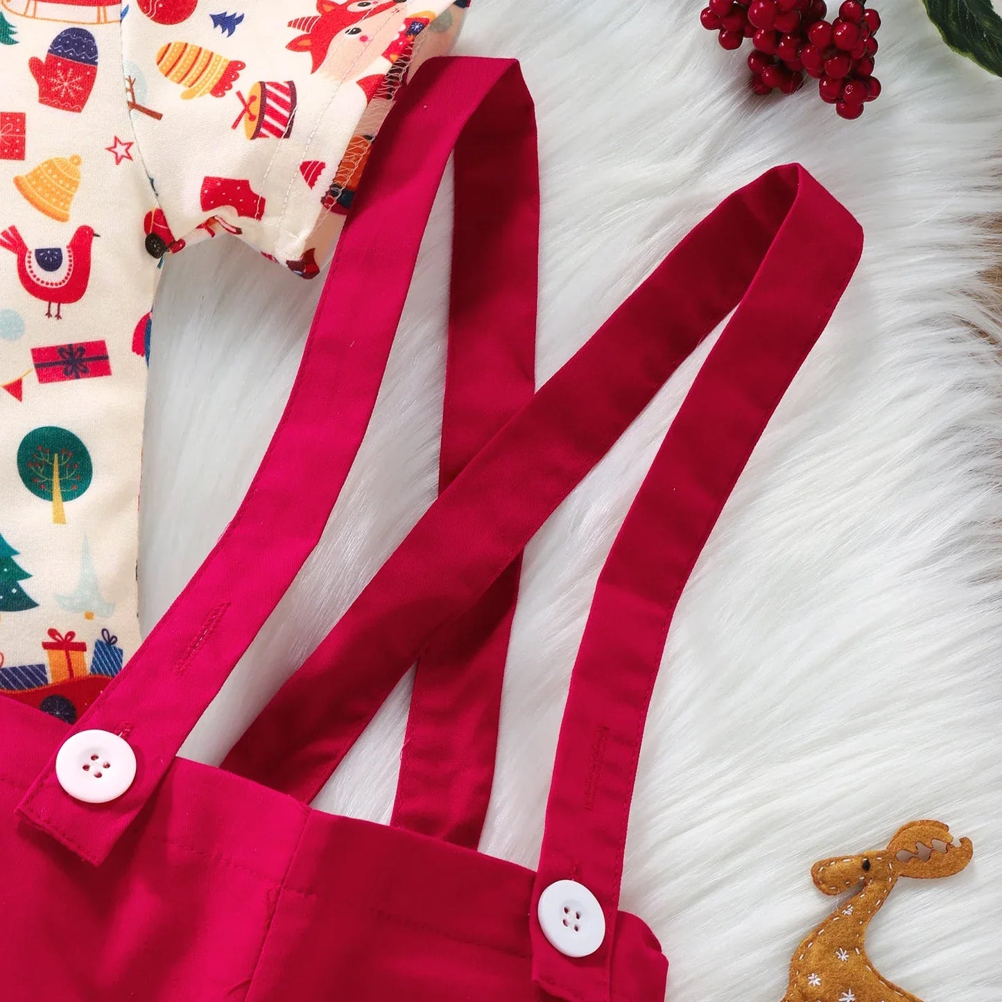 Christmas Suit Infant Bow Short Sleeve Polo Romper + Brace Shorts Set Newborn Baby Girl Boy Clothes