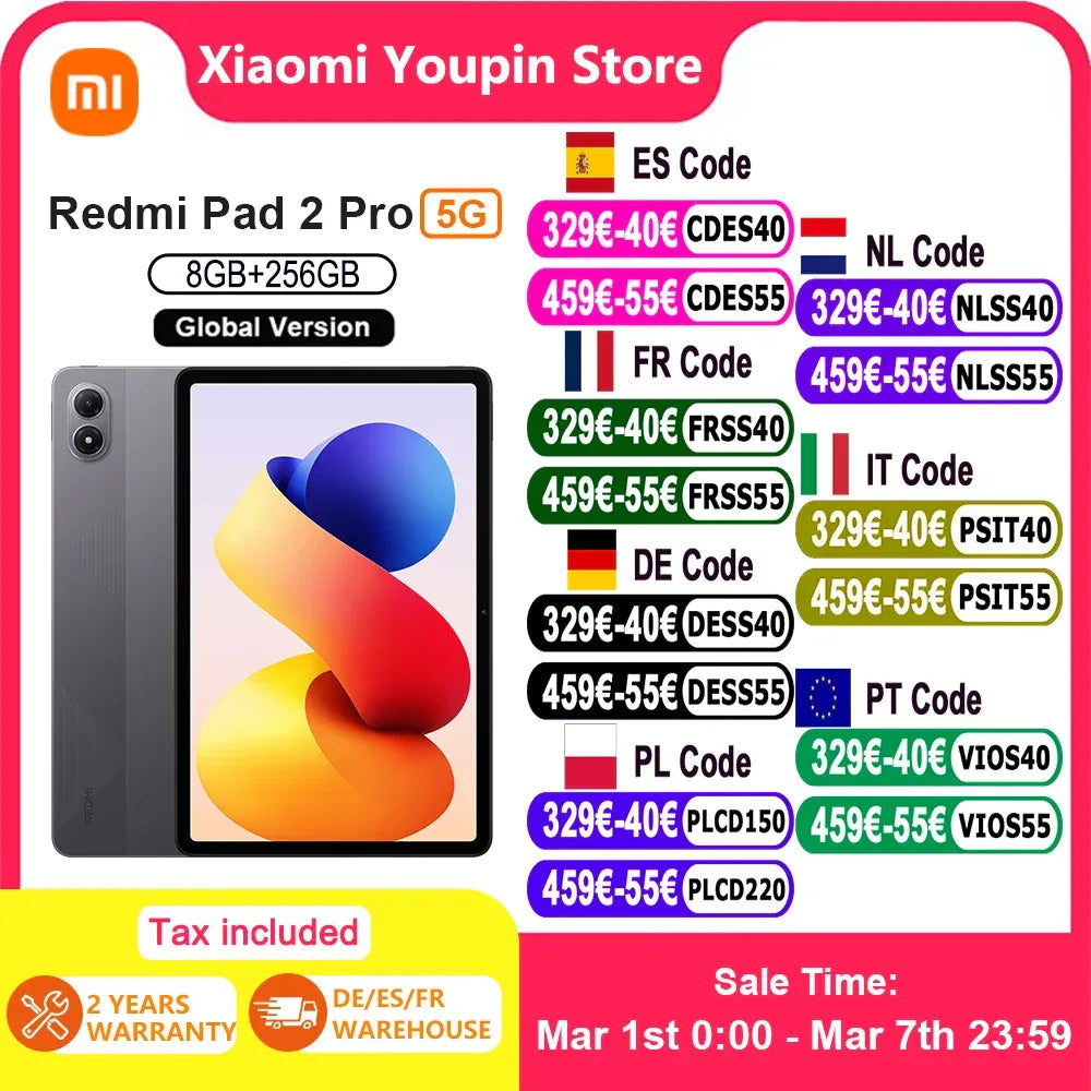 Global Version Xiaomi redmi pad 2 pro 5G 12.1 " 12000mAh Battery 8GB 256GB Flexible 5G connectivity 5G+eSIM Xiaomi HyperOS
