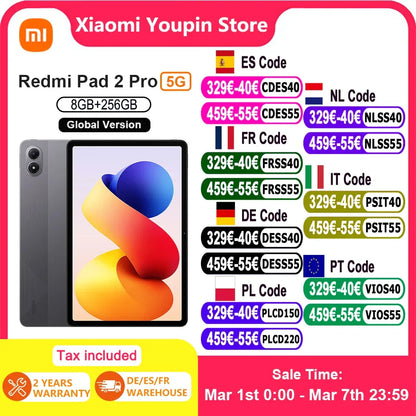 Global Version Xiaomi redmi pad 2 pro 5G 12.1 " 12000mAh Battery 8GB 256GB Flexible 5G connectivity 5G+eSIM Xiaomi HyperOS