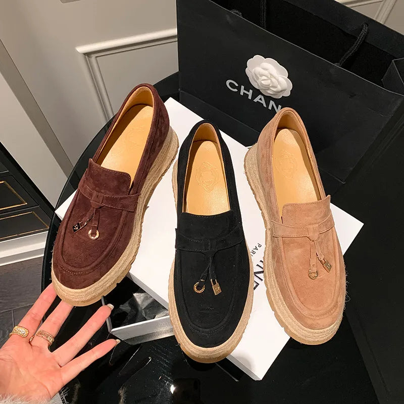 MKKHOU Fashion Loafers New High Quality Real Leather Suede Vintage Straw Braid Platform Shoes Daily Casual Light Shoes Neutral