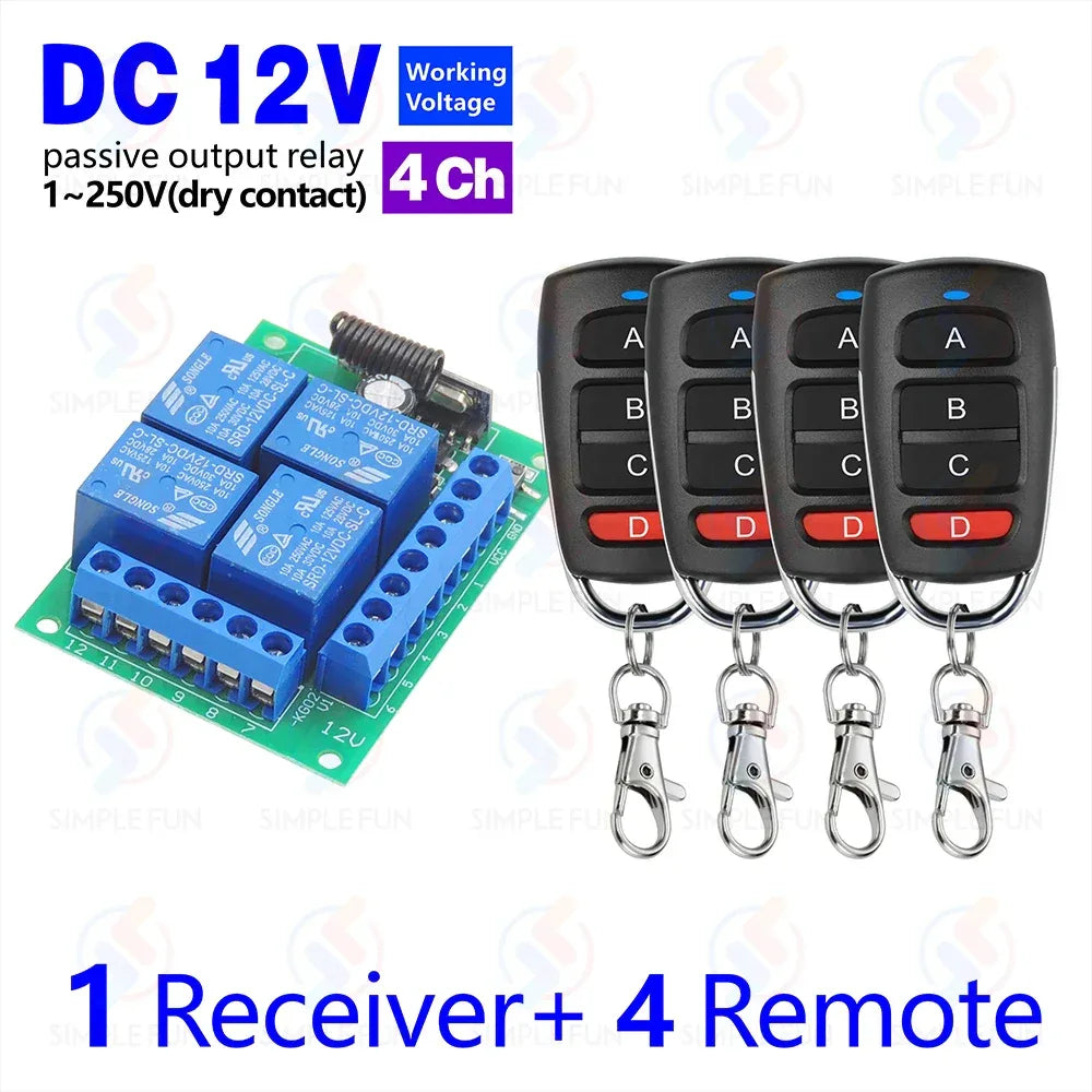 433Mhz Universal Wireless Remote Control Light Switch DC 12V 4CH RF Relay Receiver 60m Range for Light/Garage Door/LED DIY