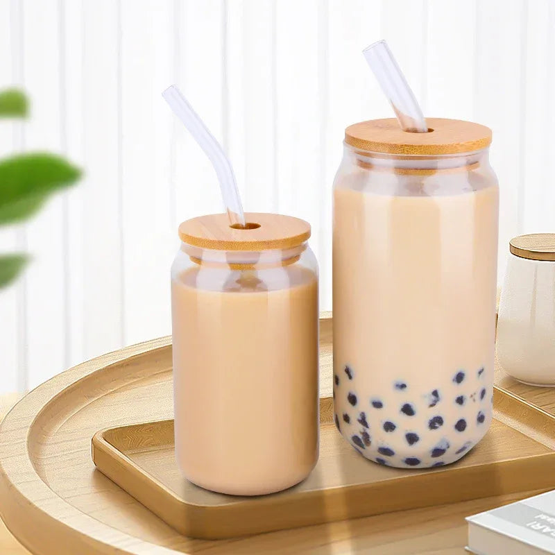 Glass Cup With Straw and Bamboo Lid Transparent Bubble Tea Cup Cold Drinking Glasses Iced Coffee Mug Beer Can Juice Milk Cup