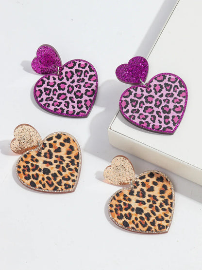 New Purple Glitter Leopard Heart Acrylic Dangle Earrings for Women Trendy Love Hanging Earring Jewelry Valentine's Day Gifts