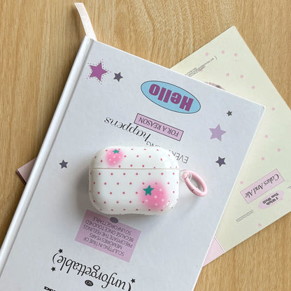 Full-Screen Pink Polka Dot Strawberry Pattern Glossy White Earphone Case with Pink Ring Cover for AirPods 1 2 3 4 Pro 2 Pro 3