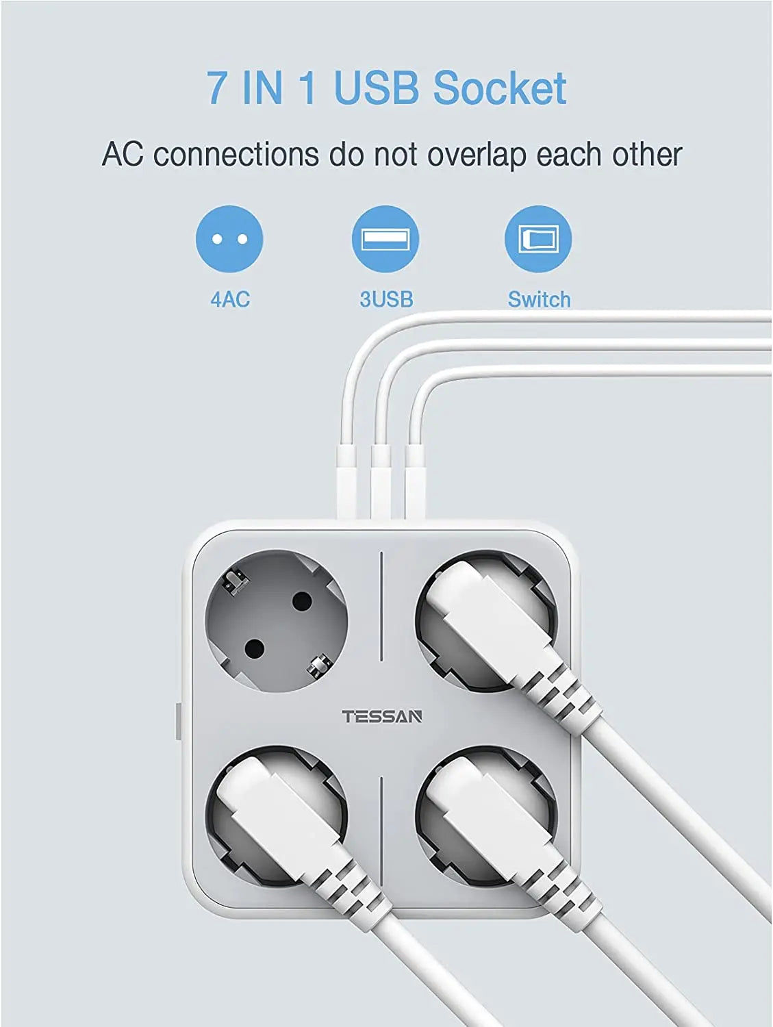 TESSAN Multiple Wall Socket Power Strip with 4 AC Outlets & 3 USB Ports 7 in 1 Adapter Overload Protection for Home Office