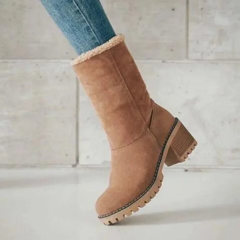 Warm Fleece Lined Mid-Calf Snow Boots Women's Velvet Booties Matte Finish Booties Two-Way Wear Low Heel round Toe Winter Boots