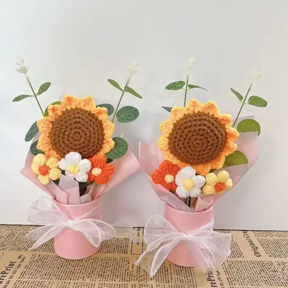 DTCTK Knitted Flower Bouquet Crochet Rose Flowers Hugging Bucket Christmas Gifts Living Room Desk Decoration Valentine's Day Gif