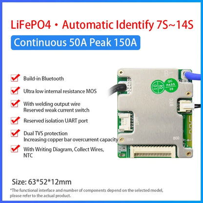 JBD BMS Auto-Identify 7S 8S 10S 12S 13S 14S 20A 30A 40A 50A LiFePo4 Smart BMS 24V 36V 48V Battery Management System for E-Bike