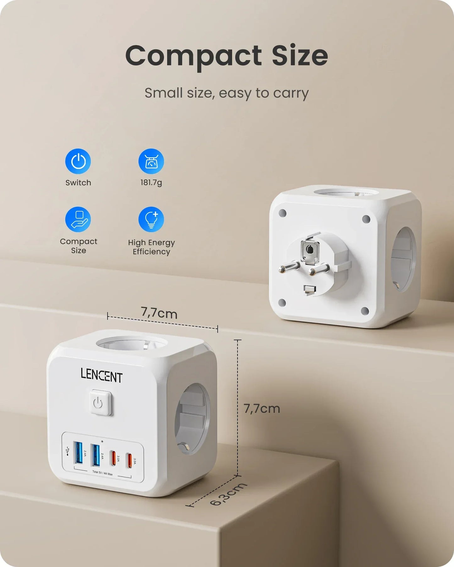 LENCENT Multi USB Wall Socket Cube with 3AC Outlets USB-A and Type C 7-in-1 Power Strip EU Plug Socket On/Off Switch for Home