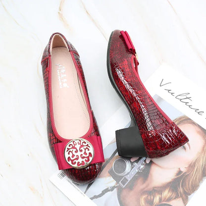 Spring and Autumn Boat Shoes Genuine Leather Soft Sole Mid-Heel Shoes Bow Heels Ladies Women Womens Round Toe Slip-on Women's 42