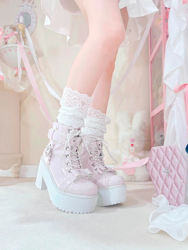 Japanese Mine Lolita Short Boots for Women Mass Production Love Rhinestone Buckle Bow Round Head Platform Boots Sweet Shoes
