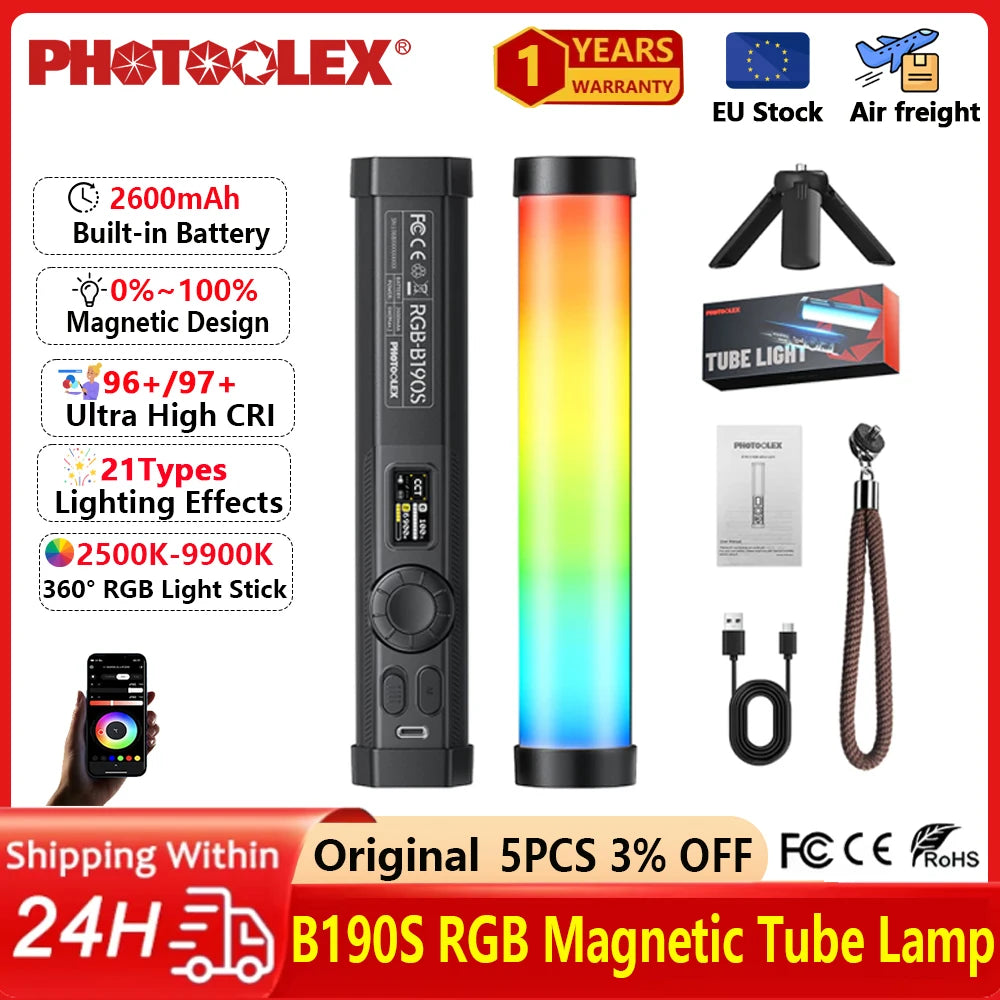 PHOTOOLEX RGB Video Light Handheld Magnetic Tube Light Design  2500K-9000K Photography Studio Lamp 12 Light Effects LED Tube