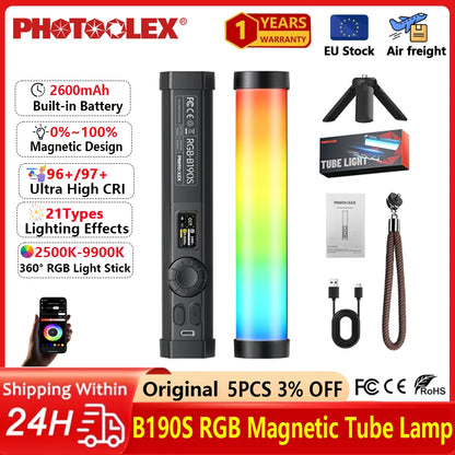 PHOTOOLEX RGB Video Light Handheld Magnetic Tube Light Design  2500K-9000K Photography Studio Lamp 12 Light Effects LED Tube