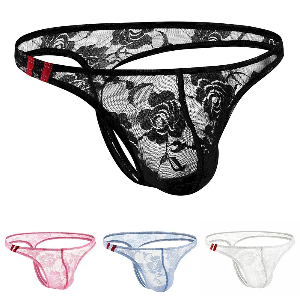 Men's Underwear Lace Transparent Jockstrap Low-Rise Sexy Breathable Elastic Soft Mesh U Convex Briefs Quick Drying Underpants