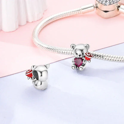 925 Silver Valentine's Day Charms Bead Sparkling Sweet Heart Rose Bear Charm Fit Original Bracelet Bangle Woman DIY Jewelry Gift
