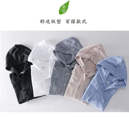Spring Summer New Hooded Long-sleeved Solid Inen Shirt Trendy Men's Thin Loose Youth Fashionable Cotton Linen Sunscreen Shirt