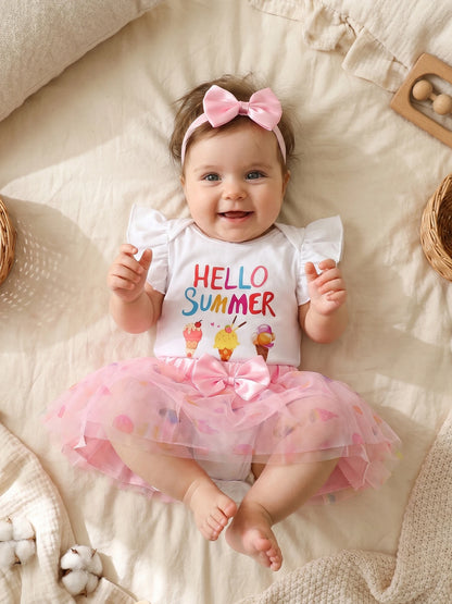 3Pcs Infant Girl Outfit Crew Neck Flying Sleeve Summer Themed Ice Cream Print Romper Tulle Skirt Headband Set