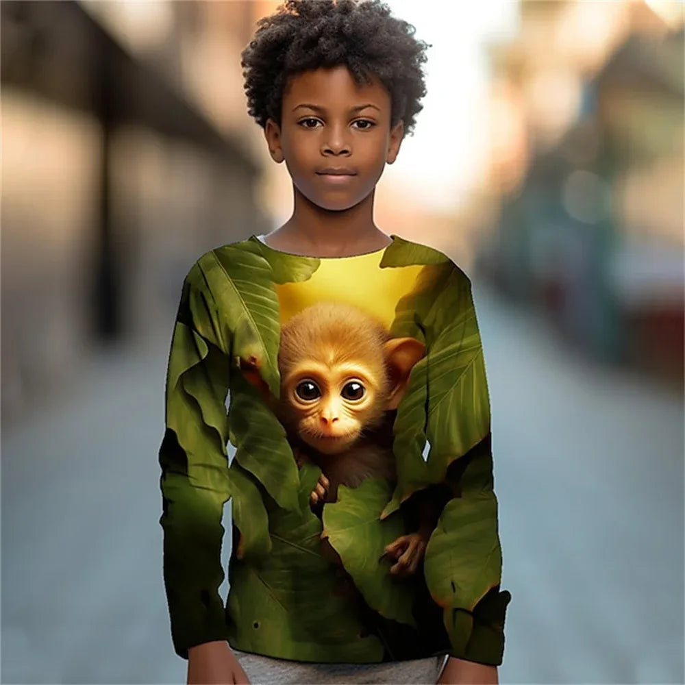 Clothing For Boys Leaf Tiger Animal Monkey Print Long Sleeve Top For Children T-Shirt Teenagers 2023 Autumn Girls Tshirt Kids