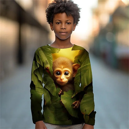 Clothing For Boys Leaf Tiger Animal Monkey Print Long Sleeve Top For Children T-Shirt Teenagers 2023 Autumn Girls Tshirt Kids