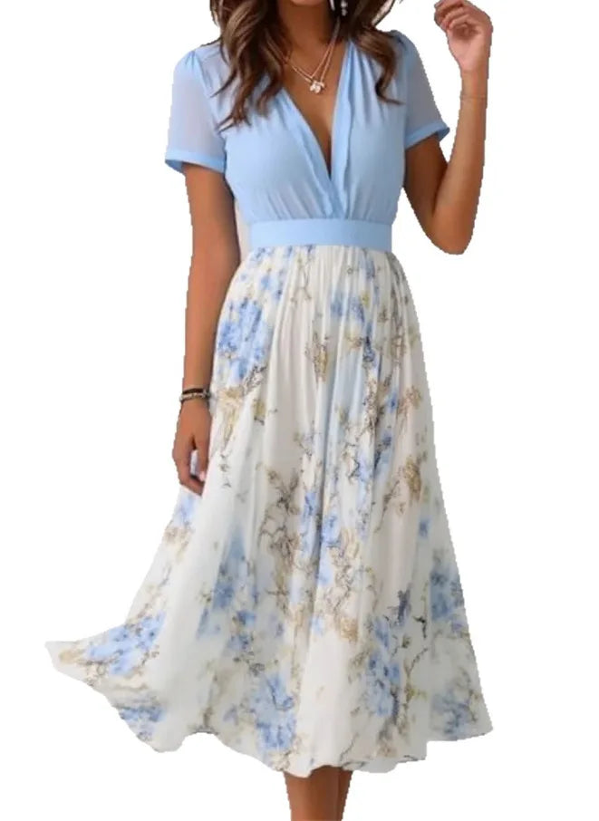 Fashion Floral Print Bohemian Long Dress Woman 2025 Deep V Neck Puff Long Sleeve Slim Waist Patchwork Maxi Dress Summer Vacation