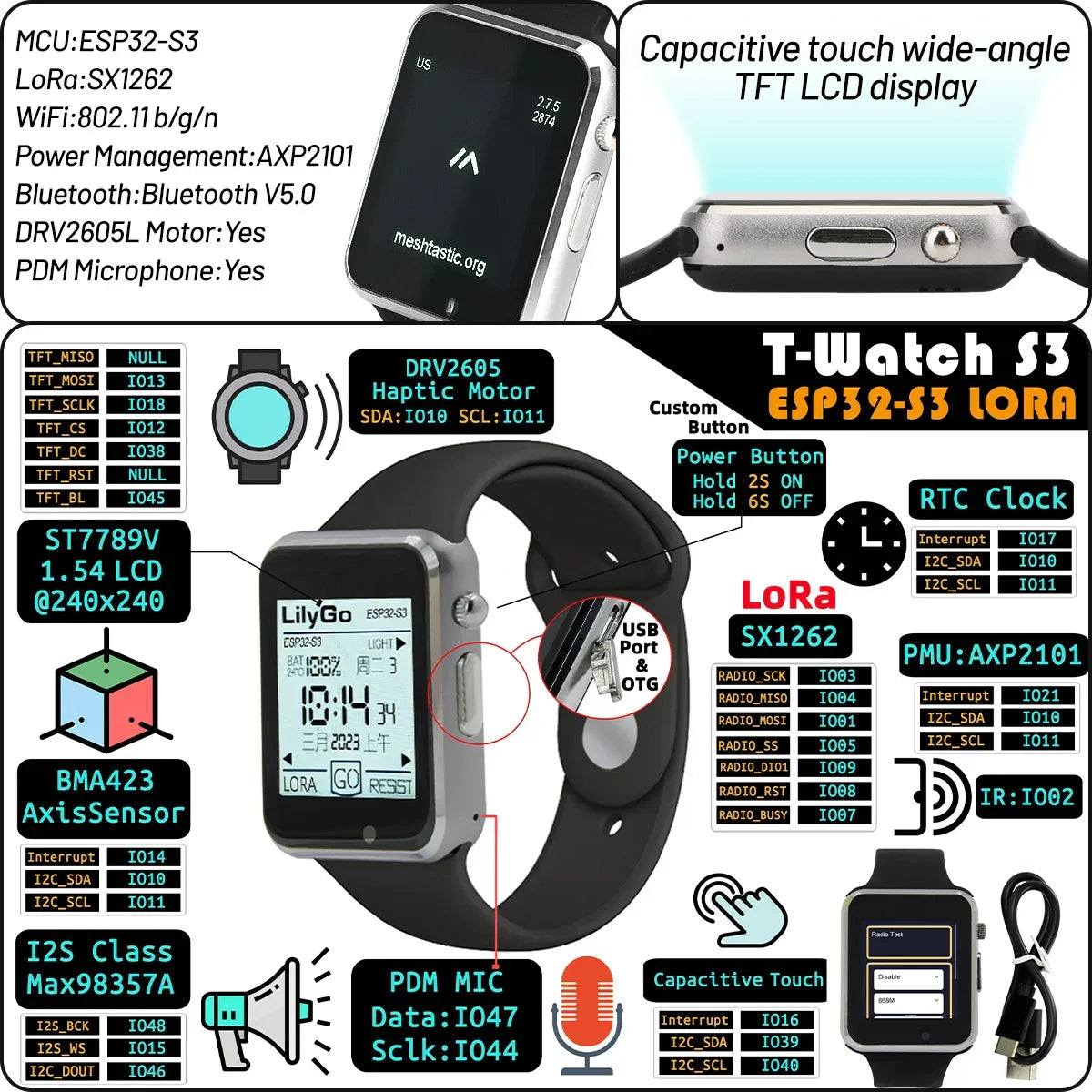 LILYGO T Watch S3 Lora Meshtastic Tracker ESP32-S3 WIFI Bluetooth LoRa Repeater IoT BMA423 Sensor with Mic Speaker Program
