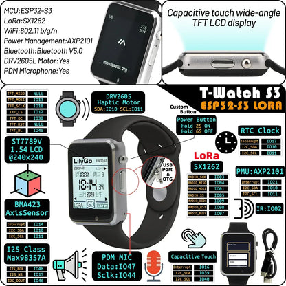 LILYGO T Watch S3 Lora Meshtastic Tracker ESP32-S3 WIFI Bluetooth LoRa Repeater IoT BMA423 Sensor with Mic Speaker Program