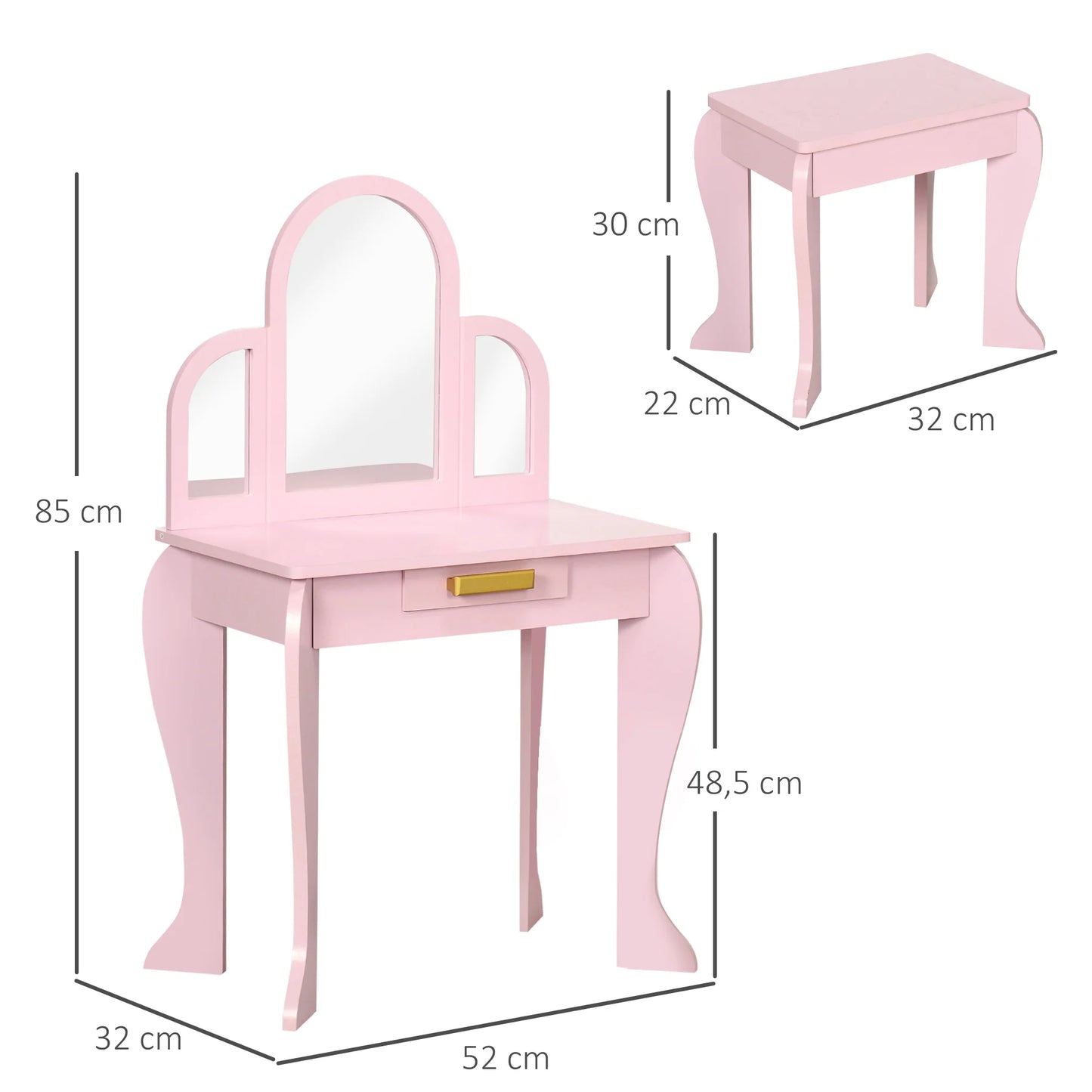 Homcom Children's Dressing Table with Mirror and Stool Children's Dressing Table Makeup Table for Girls from 3 to 6 Years with Drawer Pink