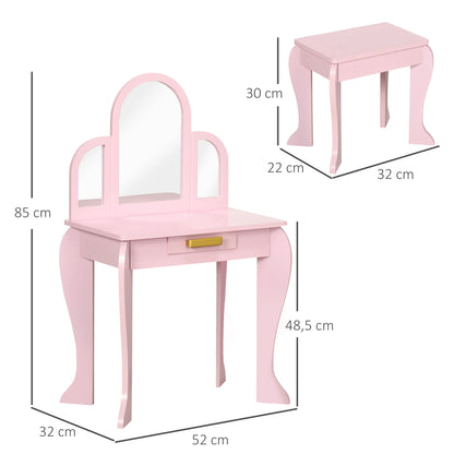 Homcom Children's Dressing Table with Mirror and Stool Children's Dressing Table Makeup Table for Girls from 3 to 6 Years with Drawer Pink