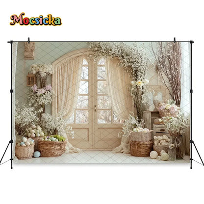 Mocsicka Spring Easter Background Photography White Retro Door Colorful Egg Floral Backdrop Maternity Newborn Photozone Studio