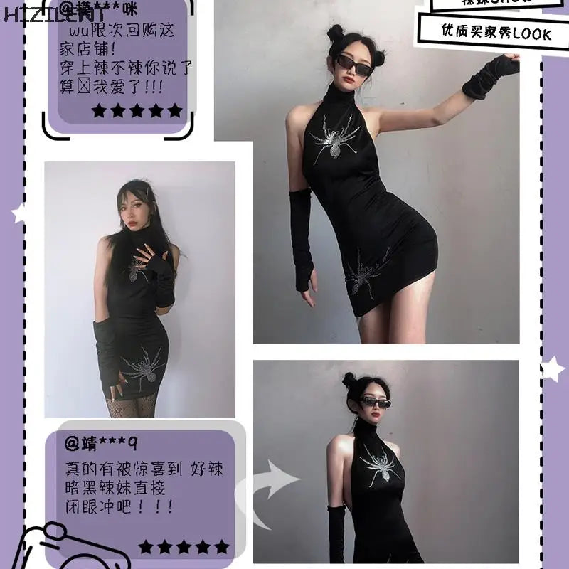 Backless Sexy Halter Summer Dress Women Elastic Spider rhinestones Long Dresses Sleeveless Camisole Clubwear Evening Party Dress