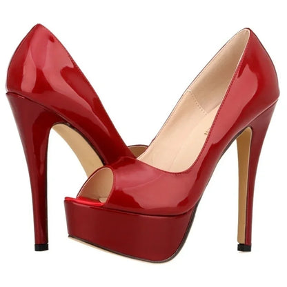 LOSLANDIFEN Sexy Peep Toe Platform Women Pumps 14cm Super High Patent Leather Heels Shoes Red Wedding Stilettos Large Size 43 44