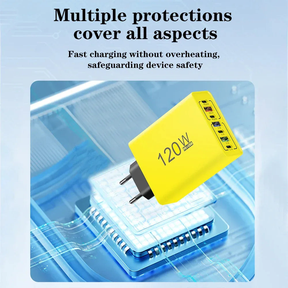 PD 120W USB Type C Fast Charging Mobile Phone Charger 7 Ports EU/US Plug Charger For iPhone Huawei Xiaomi Samsung Wall Charger