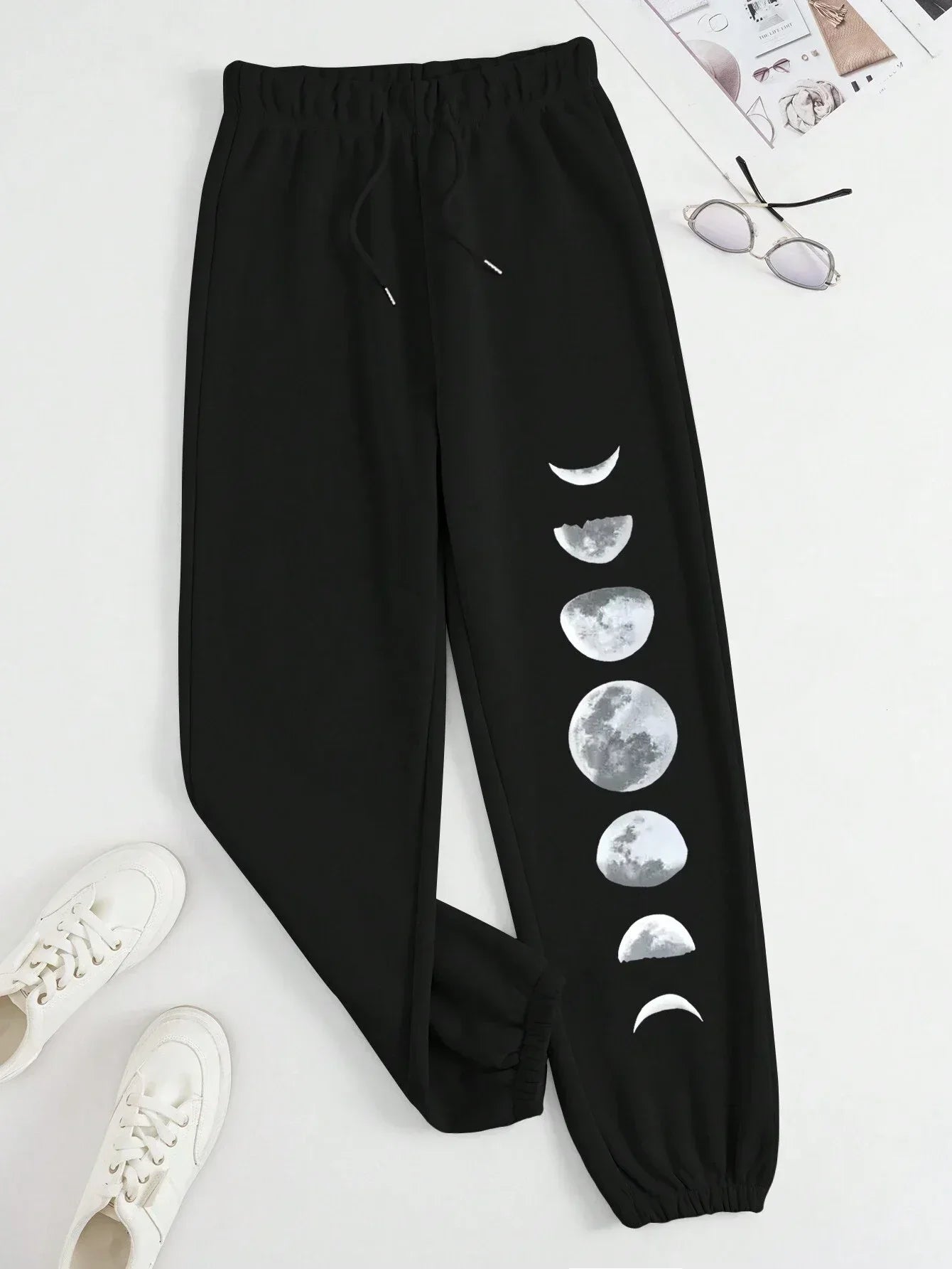 Different Forms Of The Moon Print Casual Versatile Women Pants Fashion Trendy Trousers With Drawstring Pockets Sweatpants Female