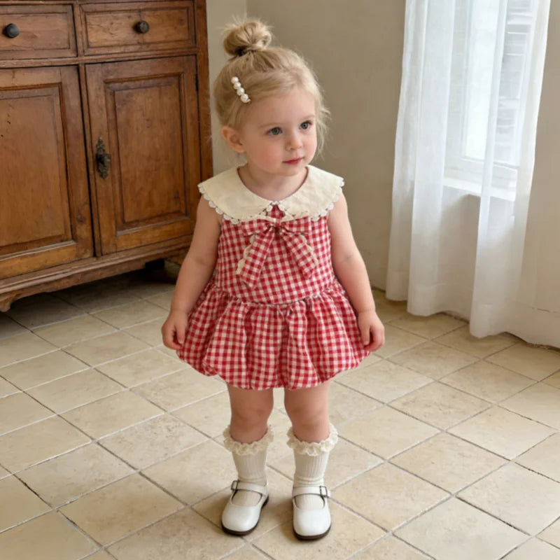 Girls Dresses Summer Cotton Red Checkered Bow Sleeveless Baby Girl Dress Cartoon Casual Beach Baby Clothing