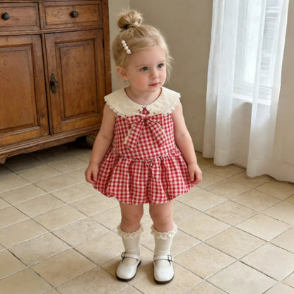 Girls Dresses Summer Cotton Red Checkered Bow Sleeveless Baby Girl Dress Cartoon Casual Beach Baby Clothing